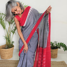 Load image into Gallery viewer, Grey red Ikat soft cotton saree, bestselling, Chanchal bringing art to life, handloom, best sari made in India, elegant, office wear, festive collection, Durga puja, Ganapati 