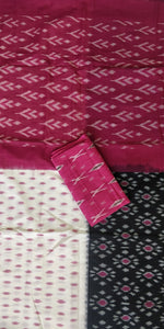 White, Black and Pink Ikkat soft Cotton Sari, half and half pattern, gorgeous. elegant, handloom, festive wear, Durga puja, Ganapati, office wear, ethnic collection, traditional dress, Chanchal bringing art to life.