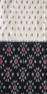 White, Black and Pink Ikat soft Cotton Saree, half and half pattern, gorgeous. elegant, handloom, festive wear, Durga puja, Ganapati, office wear, ethnic collection, traditional dress, Chanchal bringing art to life.
