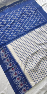 White and Blue Ikkat soft Cotton Sari, gorgeous. elegant, handloom, festive wear, Durga puja, Ganapati, office wear, ethnic collection, traditional dress, Chanchal bringing art to life. 