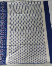 Load image into Gallery viewer, White and Blue Ikat soft Cotton Saree, gorgeous. elegant, handloom, festive wear, Durga puja, Ganapati, office wear, ethnic collection, traditional dress, Chanchal bringing art to life. 