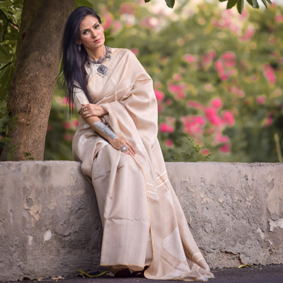 Beige White Tussar Silk Saree I gorgeous handloom ethnic wear I office wear sari I Chanchal bringing art to life