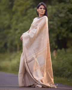 Beige White Tussar Silk Saree I gorgeous handloom ethnic wear I office wear sari I Chanchal bringing art to life