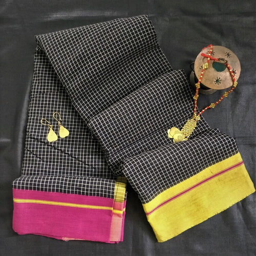 Gorgeous pure soft handmade Black Rani Pink Patteda Anchu Cotton Saree I Chanchal bringing Art to Life