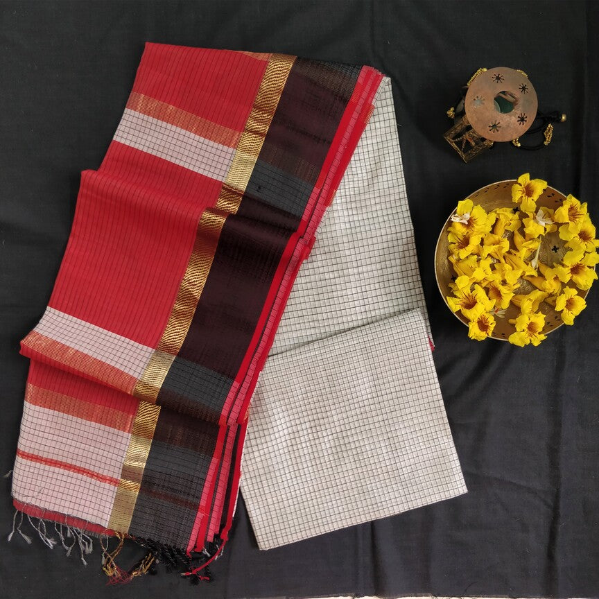 Beautiful black white red handmade maheshwari silk cotton saree I festive sari I Chanchal bringing art to life
