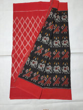 Load image into Gallery viewer, Best selling, authentic, Red Black White Hathi Motif Ikat Cotton Saree, Pochampally, soft, summer, comfortable, everyday, gorgeous. elegant, handloom, festive wear, Durga puja, Ganapati, office wear, ethnic collection, traditional dress, printed, Chanchal bringing art to life.