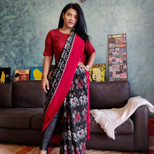 Load image into Gallery viewer, Red Black White Hathi Motif Ikat Cotton Saree, Pochampally, soft, summer, comfortable, everyday, gorgeous. elegant, handloom, festive wear, Durga puja, Ganapati, office wear, ethnic collection, traditional dress, printed, Chanchal bringing art to life.