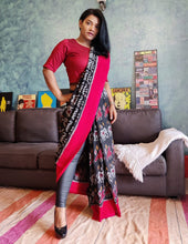 Load image into Gallery viewer, Best Sari, Diwali gift, Red Black White Hathi Motif Ikkat Cotton Saree, Pochampally, soft, summer, comfortable, everyday, gorgeous. elegant, handloom, festive wear, Durga puja, Ganapati, office wear, ethnic collection, traditional dress, printed, Chanchal bringing art to life.