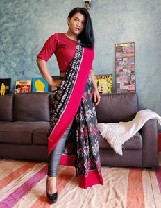 Best Sari, Diwali gift, Red Black White Hathi Motif Ikkat Cotton Saree, Pochampally, soft, summer, comfortable, everyday, gorgeous. elegant, handloom, festive wear, Durga puja, Ganapati, office wear, ethnic collection, traditional dress, printed, Chanchal bringing art to life.