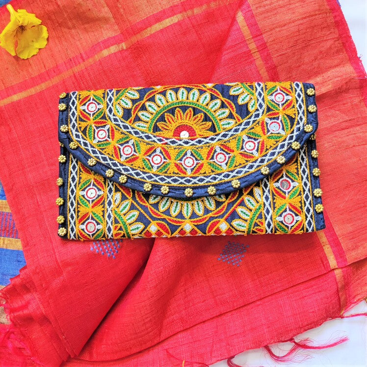 Navy Blue Embroidery Clutch I Rajasthani handmade online I Chanchal bringing art to life