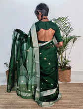 Load image into Gallery viewer, elegant green chanderi handloom silk cotton saree I Silver butas sari I Chanchal bringing art to life