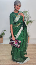 Load image into Gallery viewer, elegant green chanderi handloom silk cotton saree I Silver butas sari I Chanchal bringing art to life