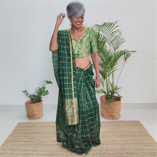 gorgeous bottle green golden checks handloom Maheshwari silk cotton saree I Festive zari sari I Chanchal bringing art to life 