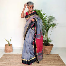 Load image into Gallery viewer, Beautiful grey black red handwoven Maheshwari silk cotton saree I festive sari I Chanchal bringing art to life