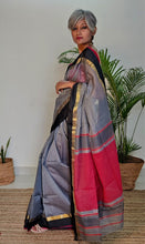 Load image into Gallery viewer, Beautiful grey black red handwoven Maheshwari silk cotton saree I festive sari I Chanchal bringing art to life