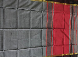 Grey and Red Maheshwari Silk Cotton Saree