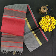 Load image into Gallery viewer, Beautiful grey black red handmade Maheshwari silk cotton saree I festive sari I Chanchal bringing art to life