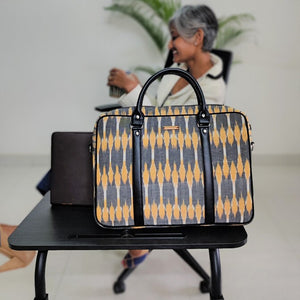 elegant spacious grey yellow ikat handmade laptop bag I Chanchal bringing art to life