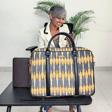 Load image into Gallery viewer, elegant spacious grey yellow ikat handmade laptop bag I Chanchal bringing art to life