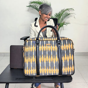 elegant spacious grey yellow ikat handmade laptop bag I Chanchal bringing art to life