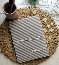 Load image into Gallery viewer, writing diary aesthetic printed diary journal pretty journal chanchal handloom online stationary student officegoers travel diary writer blogs soulful writing pads printing pads flower print sanganeri print journals block print journals white blue indigo blue horizontal strip notebook handmade handcrafted