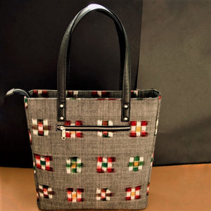 Ikat Grey Bucket Tote Bag Chanchal Handcrafted Made in India Sustainable Vegan