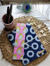 Load image into Gallery viewer, writing diary aesthetic printed diary journal pretty journal chanchal handloom online stationary student officegoers travel diary writer blogs soulful writing pads printing pads flower print sanganeri print journals block print journals white blue indigo blue horizontal strip notebook handmade handcrafted