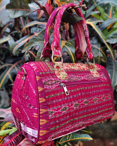 elegant maroon multicolor Kantha Ikat handcrafted silk duffle bag I Chanchal bringing art to life 