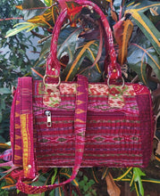 Load image into Gallery viewer, gorgeous maroon multicolor Kantha Ikat handcrafted silk duffle bag I Chanchal bringing art to life 