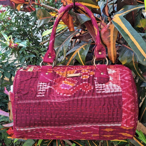 Classy maroon multicolor Kantha Ikat handcrafted silk duffle bag I Chanchal bringing art to life 