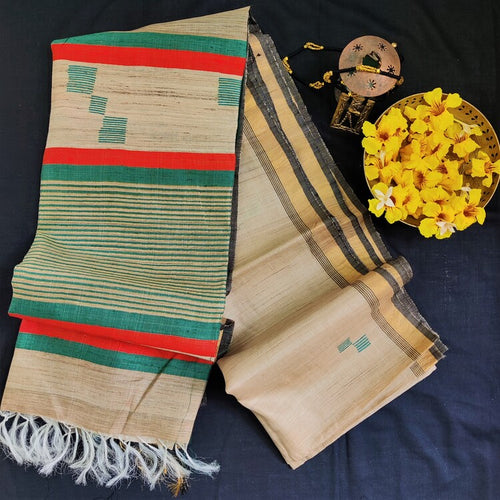 Beautiful light brown green handloom Tussar silk saree I festive sari collection I Chanchal bringing art to life