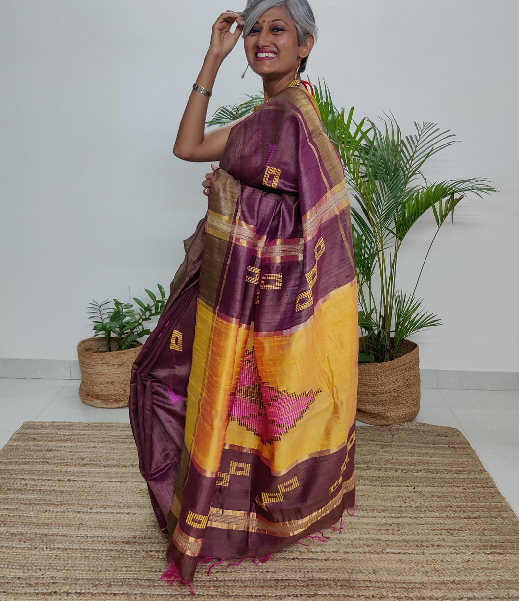 Gorgeous onion pink yellow handloom tussar silk saree I festive sari I Chanchal bringing art to life