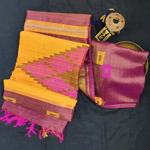 Gorgeous onion pink yellow handloom tussar silk saree I festive sari I Chanchal bringing art to life