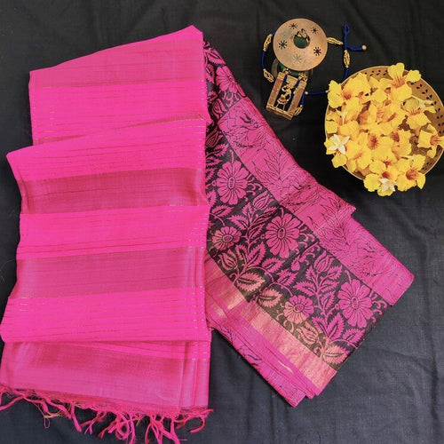 Beautiful pink black handloom Tussar silk sareer I Festive Sari I Chanchal bringing art to life