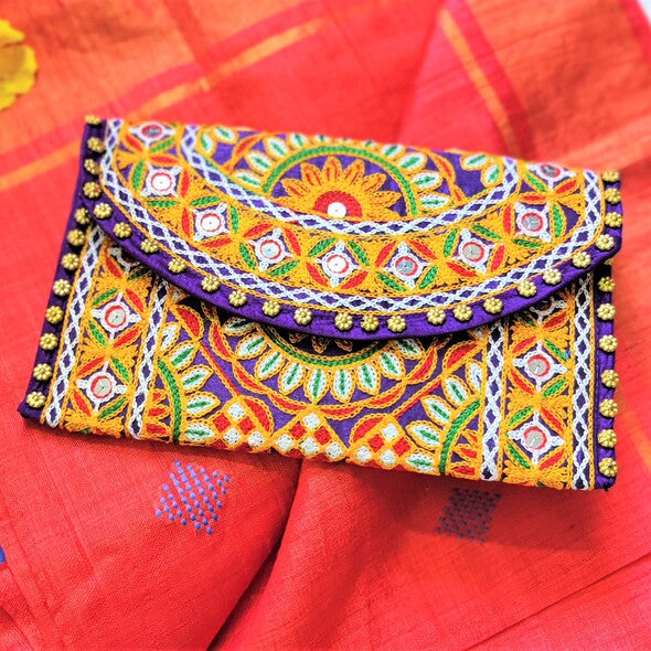 purple multicolor handmade festive  clutch I Rajasthani embroidery I Handcrafted I Chanchal bringing art to life