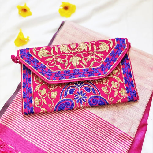 Rani pink handmade clutch I Online clutch I Rajasthani embroidery I Chanchal bringing art to life