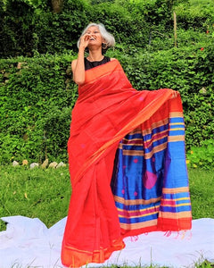 gorgeous red blue tussar silk handloom saree I Chanchal bringing art to life
