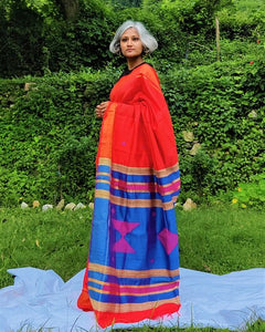beautiful red blue tussar silk handloom saree I Chanchal bringing art to life