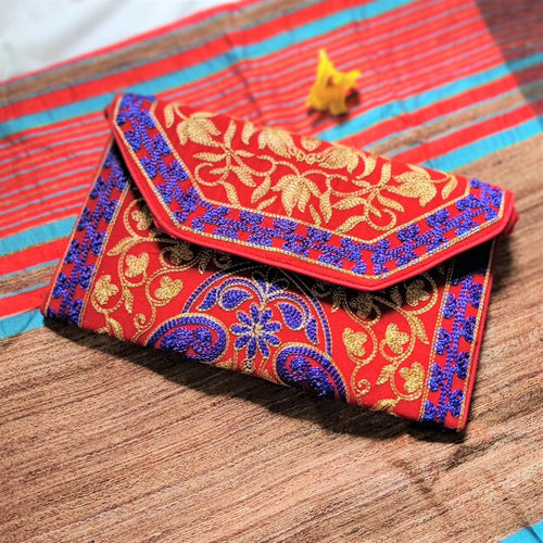 Red multicolor handmade clutch I Rajasthani embroidery I Handcrafted I Chanchal bringing art to life