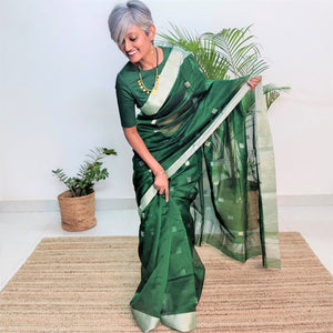 elegant green chanderi handloom silk cotton saree I Silver butas sari I Chanchal bringing art to life