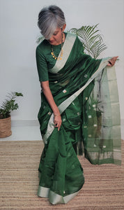 Green Chanderi Silk Cotton Saree with Silver Square Butas