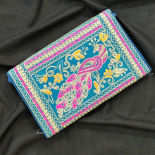 Load image into Gallery viewer, Gorgeous sky blue multicolor handmade clutch I Rajasthani peacock  embroidery I Handcrafted I Chanchal bringing art to life