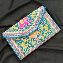 Load image into Gallery viewer, Elegant sky blue multicolor handmade clutch I Rajasthani elephant embroidery I Handcrafted I Chanchal bringing art to life