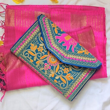 Gorgeous sky blue multicolor handmade clutch I Rajasthani peacock  embroidery I Handcrafted I Chanchal bringing art to life