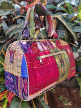 Load image into Gallery viewer, Classy sky golden multicolor Kantha Ikat handcrafted silk duffle bag I Chanchal bringing art to life 