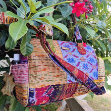 Load image into Gallery viewer, Beautiful sky golden multicolor Kantha Ikat handcrafted silk duffle bag I Chanchal bringing art to life 