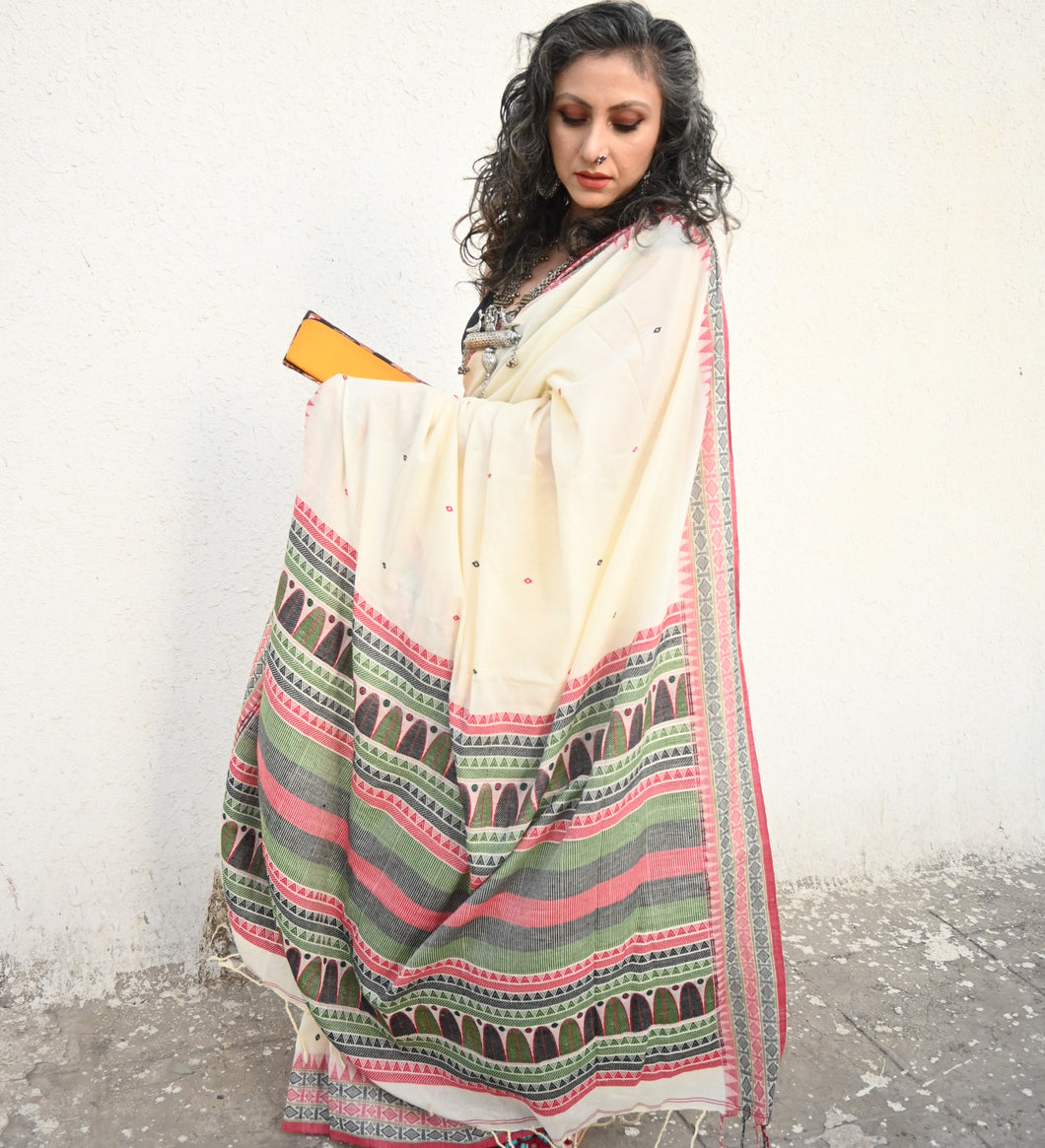 Beautiful cream green dongria cotton handloom saree I Chanchal bringing art to life 