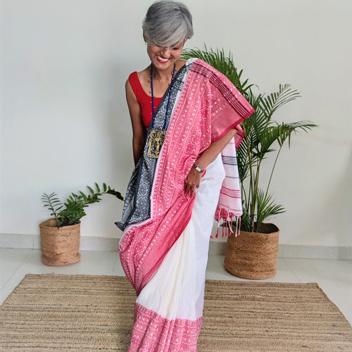 beautiful red white cotton handwoven saree I Chanchal bringing art to life