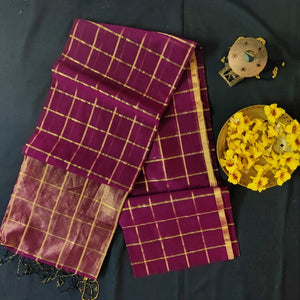 gorgeous deep wine golden checks handloom Maheshwari silk cotton saree I Festive zari sari I Chanchal bringing art to life 
