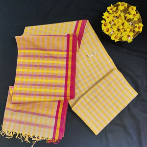 beautiful yellow white red checks handloom cotton Maheshwari saree I Handloom sari collection I Chanchal bringing art to life 